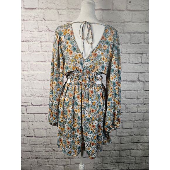 No Comment Womens L Floral‎ Dress & Side Waist Slits Puffy Sleeves Boho - Picture 7 of 16